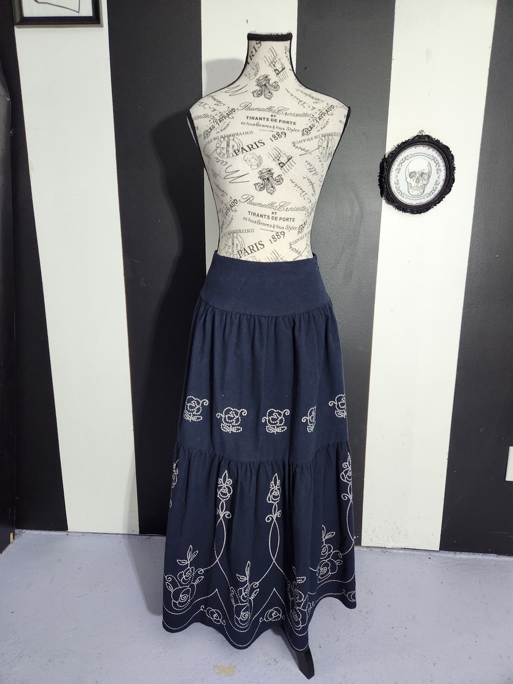 Cider Navy Maxi Skirt with White Floral Embroidery